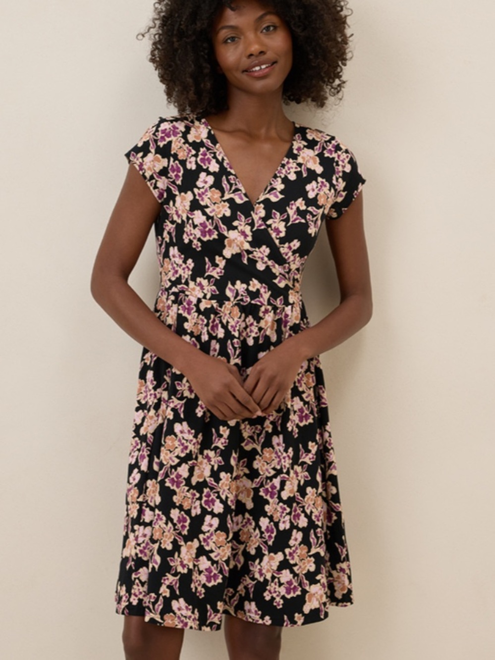 New Pact Organic Fit & Flare Crossover Dress Scattered Posies Black Medium